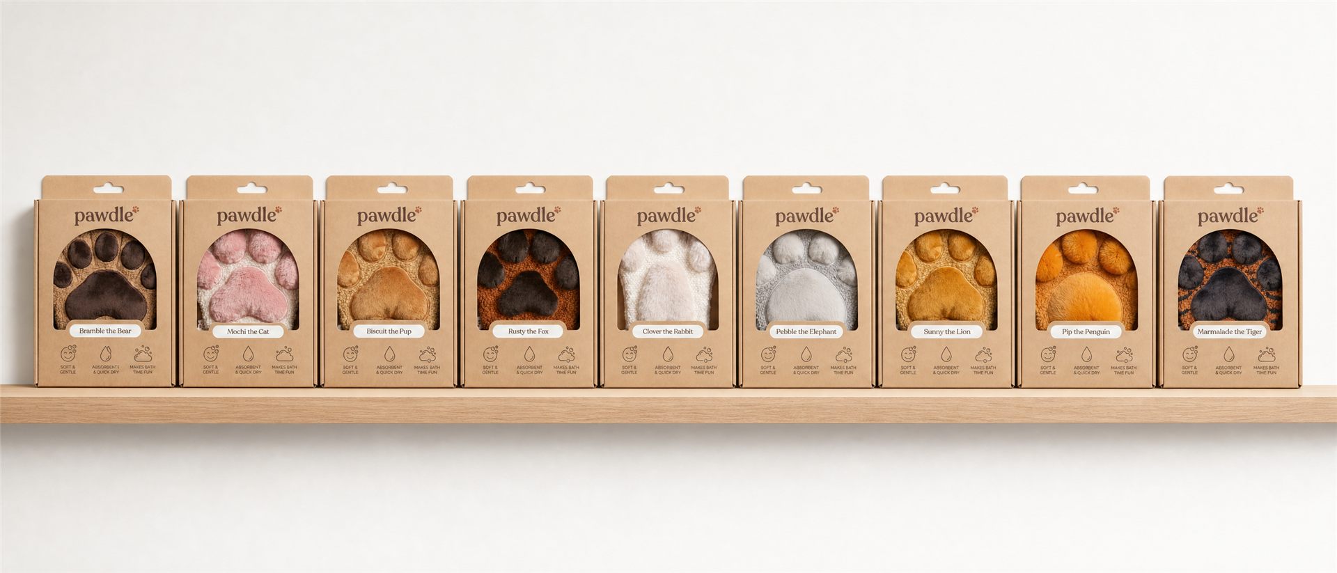 The full Pawdle collection lined up on a wooden shelf