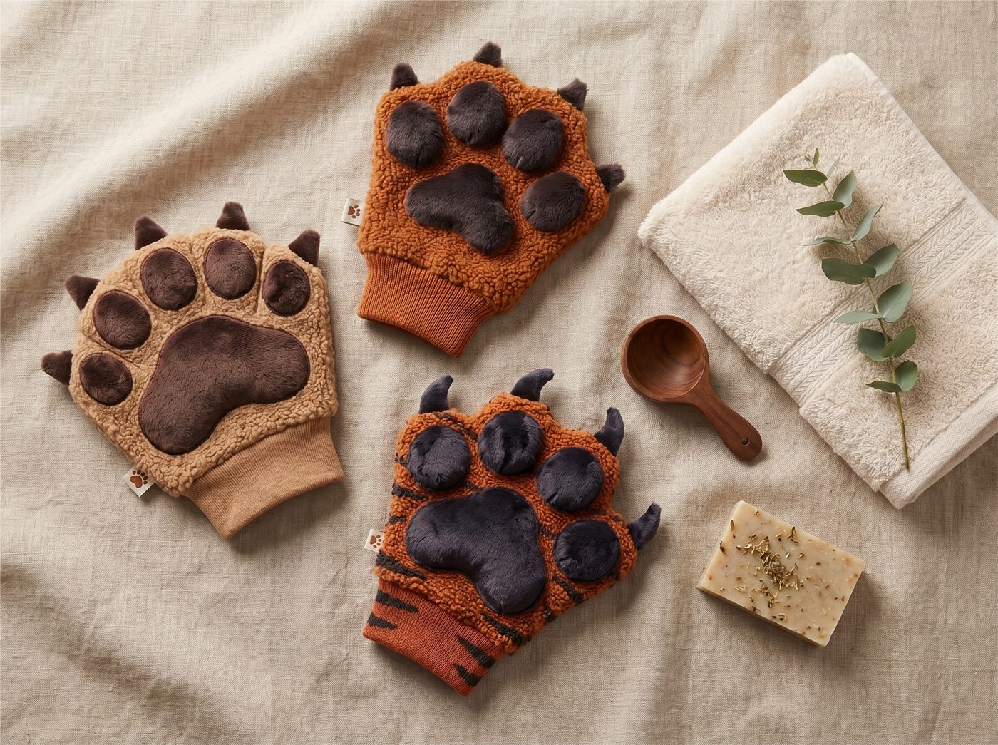 Pawdle paw bath mitts styled with a towel, eucalyptus and natural soap